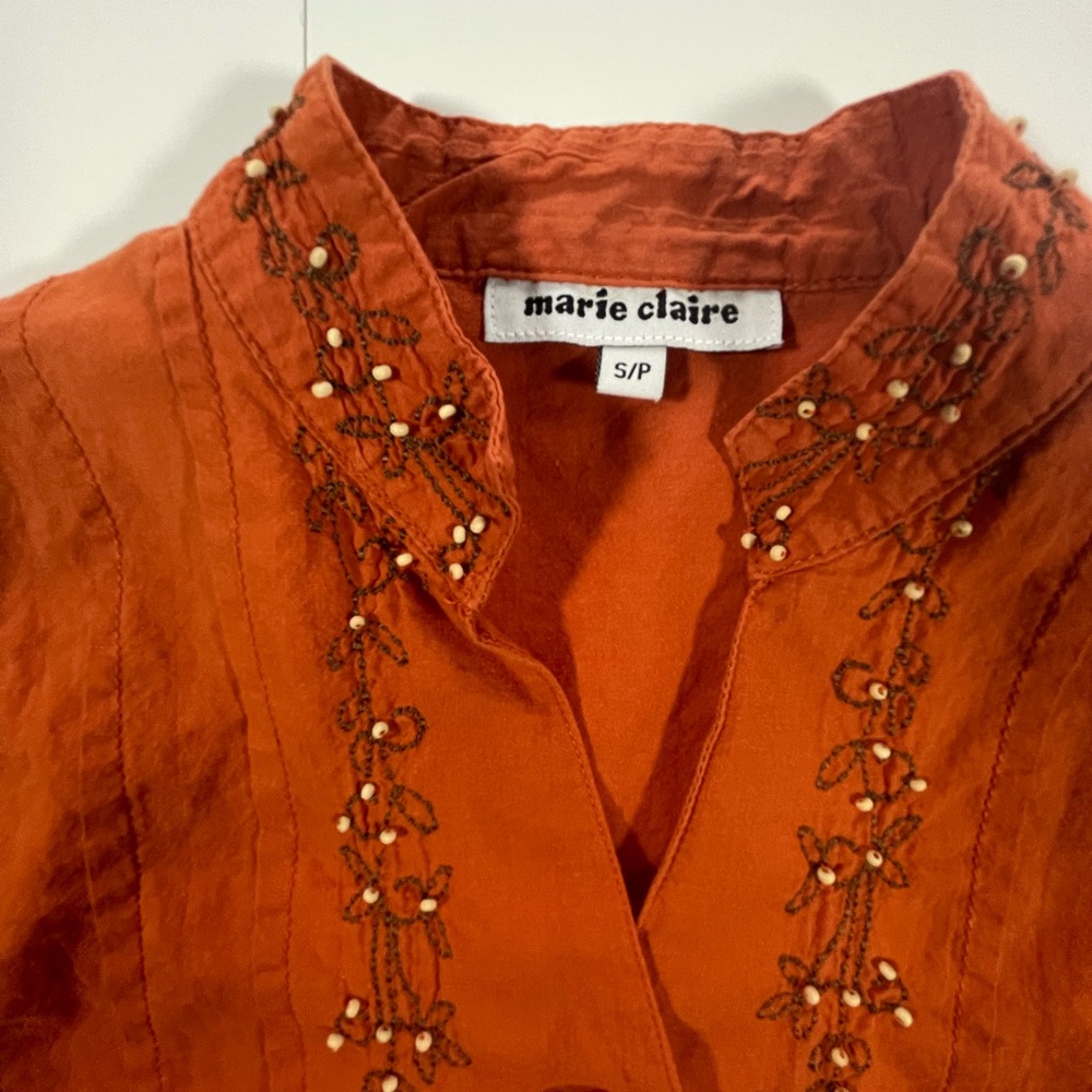 MARIE CLAIRE Burnt Orange Embroidered Beaded Cotton Blouse Tie Back - Small